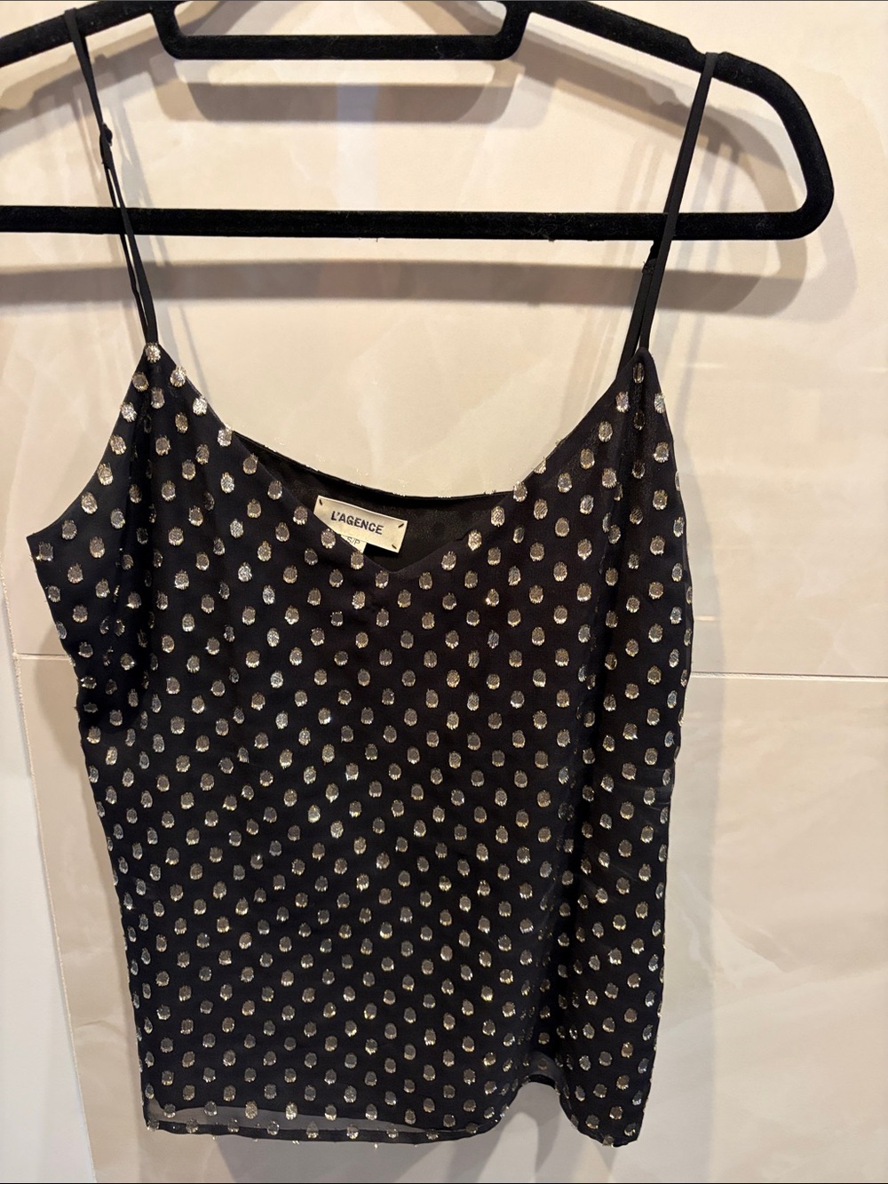 L'AGENCE Black Cami with Silver Polka Dots